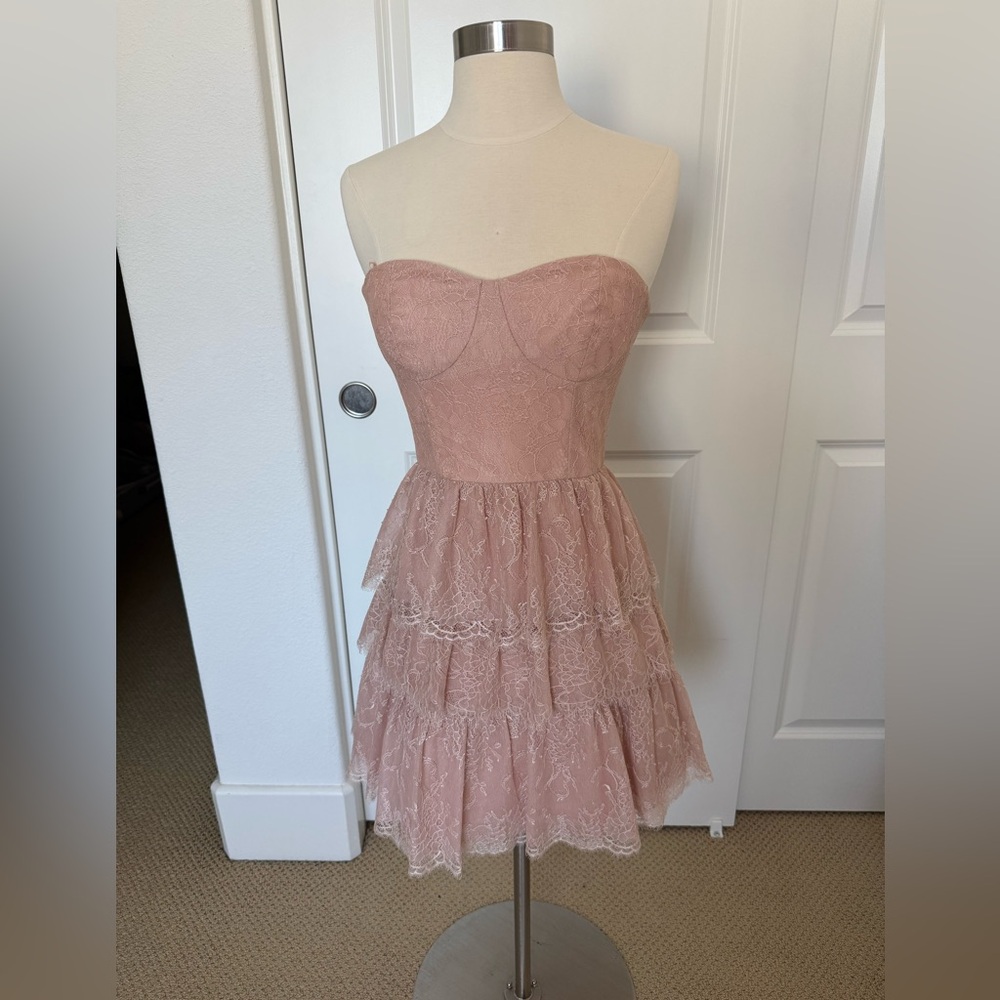 BCBGMaxAzria Strapless Blush Lace Tiered Mini Dress